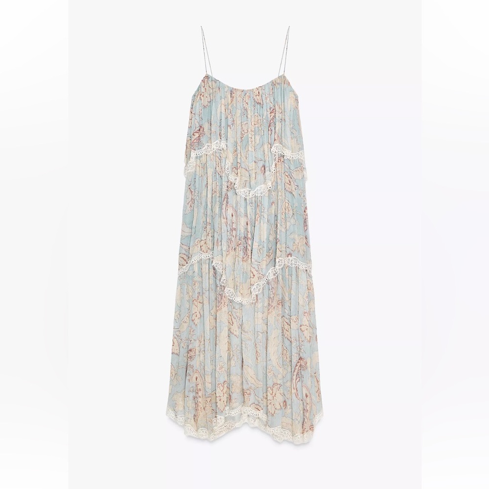 Zara Collection Printed Lace Trim Ruffle Dress - M